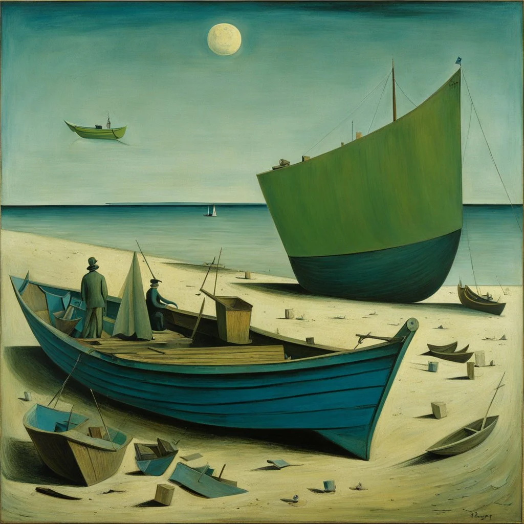 A man, beach, a green and blue boat, some pieces of wood, summer, creepy, odd, Max Ernst, Yves Tanguy