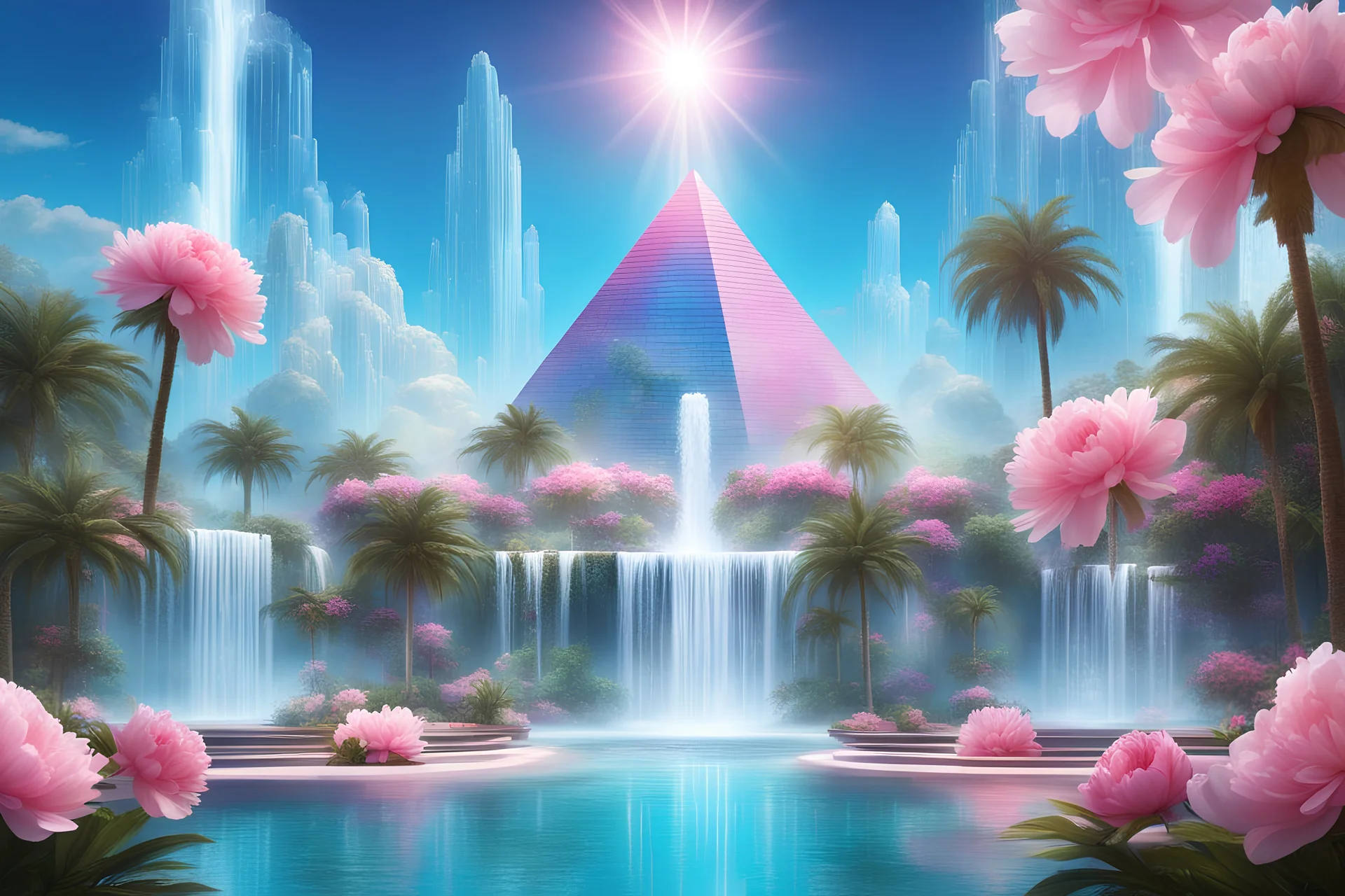 une ville très moderne, futuriste, avec de nombreuses fontaines, un petit lac turquoise, des cascades et des palmiers, une pyramide de cristal , des couleurs lumineuses, des pivoines blanches et roses en premier plan, des cascades de fleurs, des rayons de soleil dans le ciel bleu, des lumières roses et bleues image très realiste