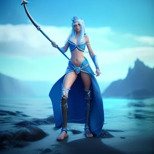 [Sea Elf] [Maormer] Hero Queen with [white hair] and [blue skin] wielding a blue glass gretsword on a ship with crew [fantasy] [realism] [Elder scrolls]