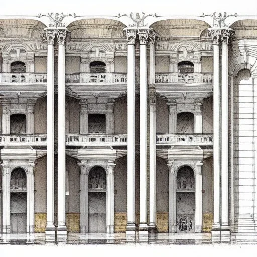  building cross section, interior croquis, Vignola classicism architecture,building cross section +Book illustration by , Jean Baptiste Monge, strong lines, high contrast vibrant colors, highly detailed, 16k resolution, trending on behance