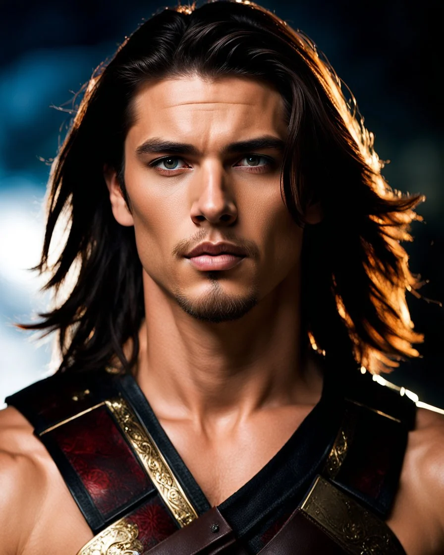 handsome male warrior age 25 with shoulder length hair and a goatee