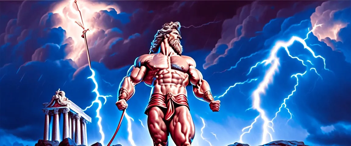 Detailed and realistic illustration of Greek god Zeus holding lightning in front of him Vintage style illustration. Red lightning. Ultra high resolution, realism, muscular, low fat percentage, blue clouds in the background, statue like, temple on the background, mount olympus on the background, lightning stricking on the background, Realistic men, no disformations, dark moody, strong, bold