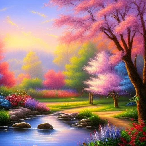 magical-garden-of-the-angelic-kingdom-blue-and-pink-plants-and-trees-small-river-sunshine-flowers-haze-thumb