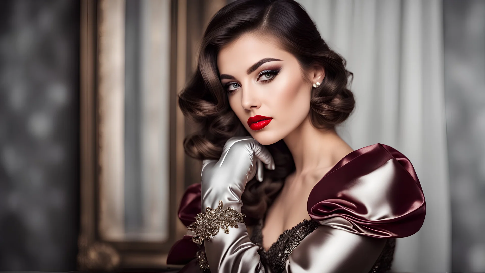 High details, best quality, diffused lighting, raw photo. Girl wearing a long satin dress with opera gloves. Heavy Makeup with red lips.