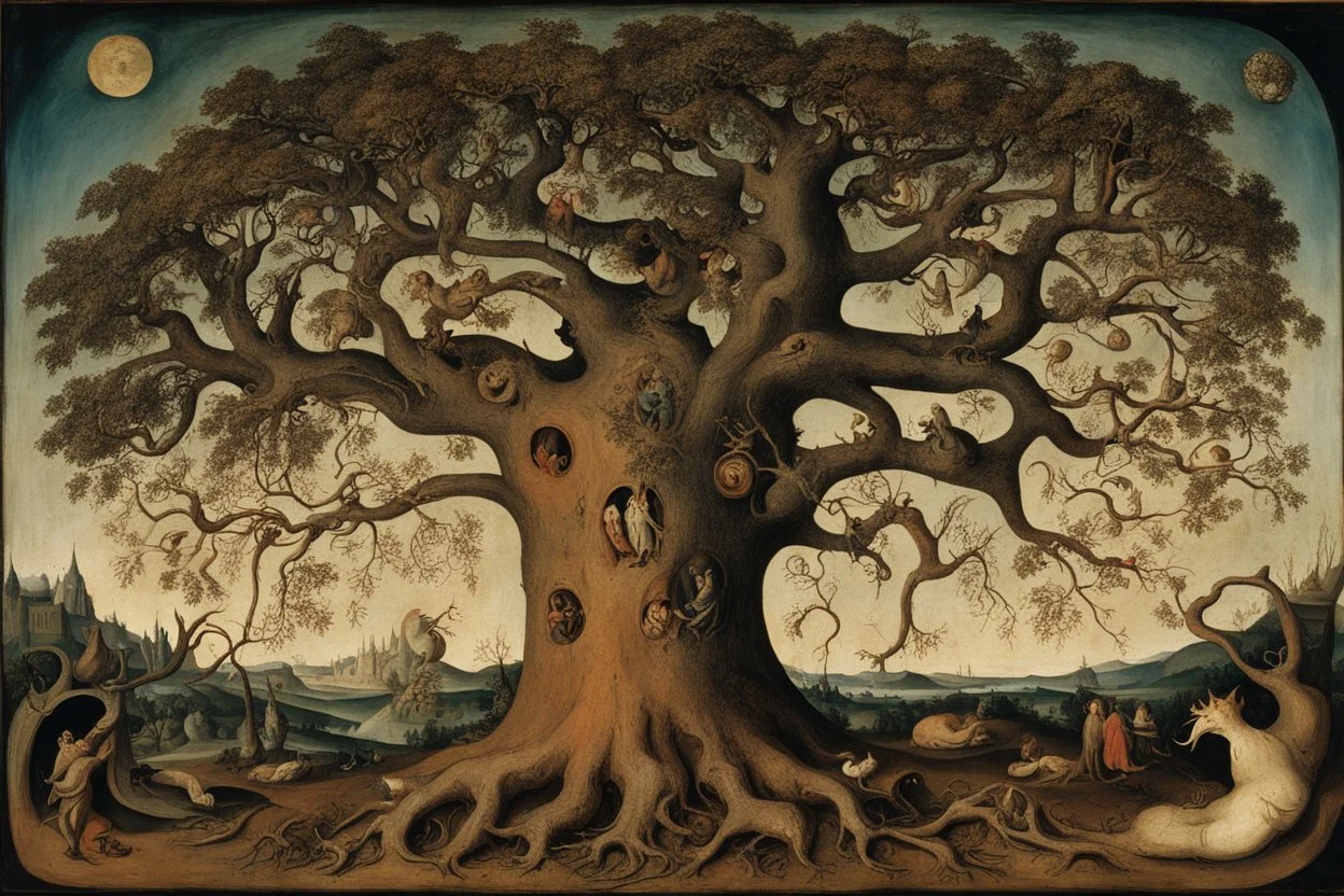 gnarled and twisted tree of life with faces and bodies in the trunk, deep colour, Hieronymus Bosch