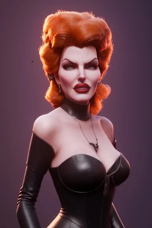 Rita Hayworth as evil queen in black leather, busty, cleavage, curvy, angry, stern look. character design by cory loftis, fenghua zhong, ryohei hase, ismail inceoglu and ruan jia. unreal engine 5, artistic lighting, highly detailed, photorealistic, fantasy