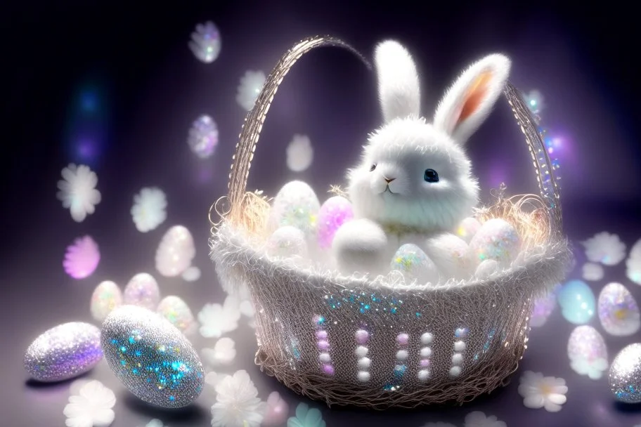 cute chibi plushy fluffy knitted and embroidered natural colored easter bunny in basket, feathers, easter eggs, iridescent flowers incorporated, light emitting, cracked bioluminescent holographic marble background, silver foil, sparkling diamonds, holographic raw pearls, ethereal, cinematic postprocessing