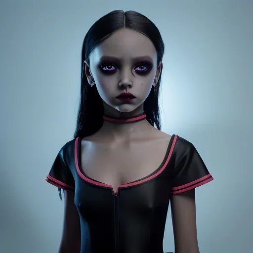 Jenna ortega black dress,soft goth libstick, wednesday addams make up, dramatic lighting, highly detailed, volumetric lighting, unreal engine, 8k