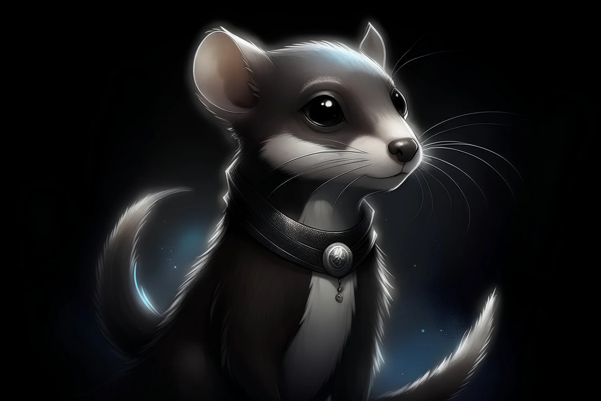 a sleek, magical weasel with fur that shifts between dark blacks and twilight grays. His eyes are large, sparkly, and filled with curiosity. Around his neck is a collar that softly hums and seems to be made of shadowy material. As Umbrus moves, you can picture small, arcane runes appearing and disappearing along his body, leaving a magical trace in the air. His paw pads are almost see-through, leaving delicate patterns behind as he explores the enchanted world.