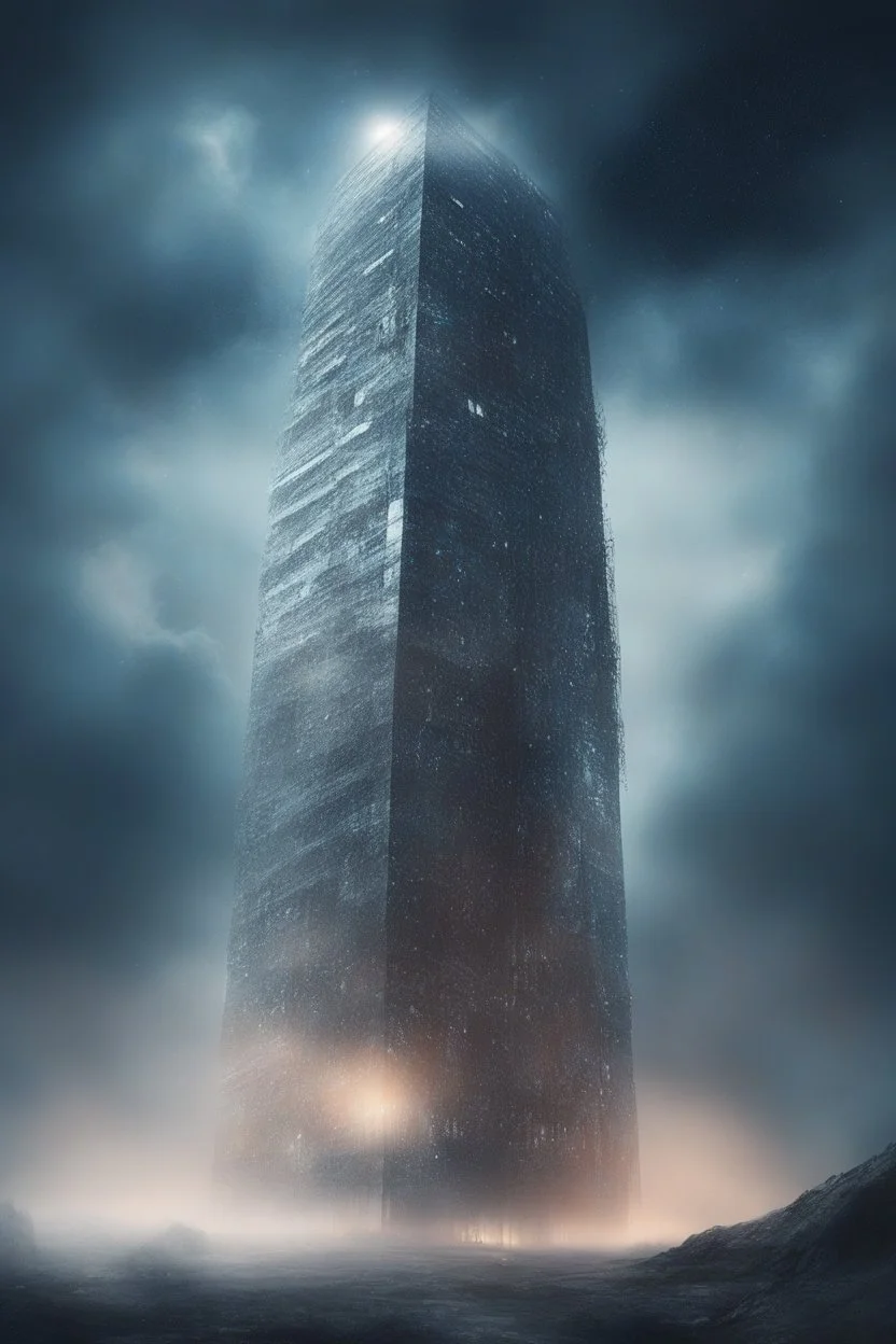 The future modern building in another dimension surrounded with stars and clouds and fogs, Busch painting nightmare style , 3D , scary, magical, mysterious