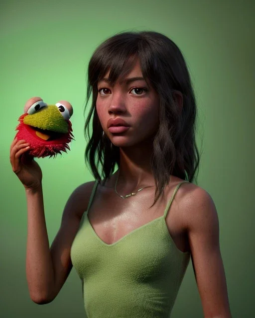 Realistic image, hybrid, sexy woman and muppet Sesame Street head, portrait, concept art, smooth, unreal engine 5, god lights, ray tracing, RTX, lumen lighting, ultra detail, volumetric lighting, 3d, finely drawn, high definition, 4k.