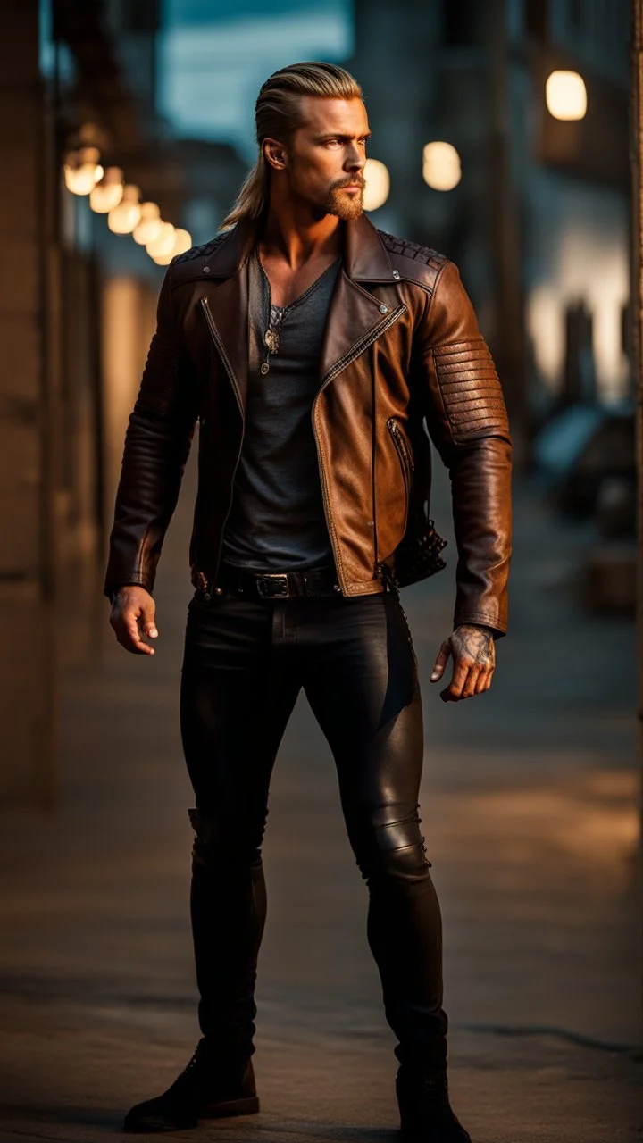 handsome muscular male, long blonde hair pulled back in a pony tail and braided, male age 30, wearing jeans and a leather jacket, tan skin, tattoos,photorealistic 4k dark fantasy