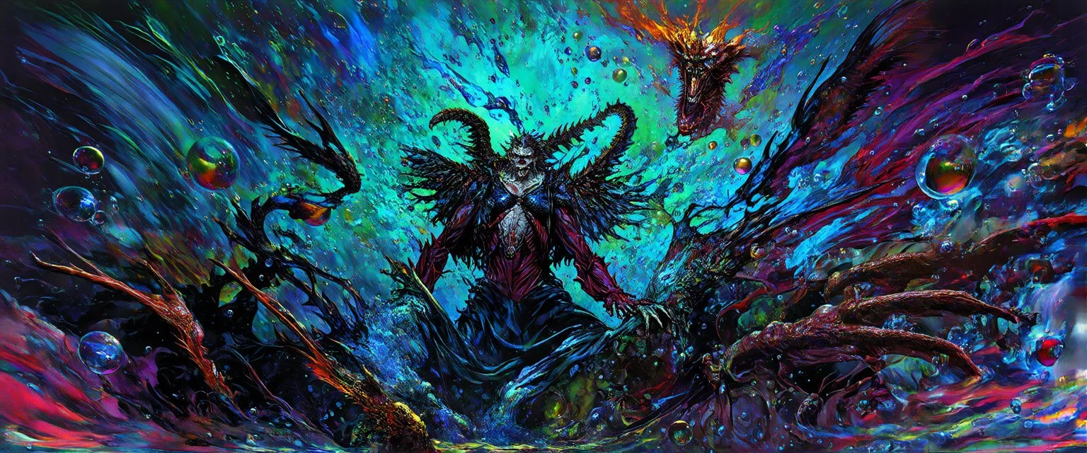 a high definition screen shot of a ancient comic book cover detailing the creatures found on other worlds, retrofuturistic, phototrealism, Macabre Rapture End of days Revelation scene, isanely detailed matte oil painting, sinner apotheosis,diagonal composition, unbalanced, abstract surreal horror, eerie, scary warm a colorful splash of steampunk bubbles , amazing splashscreen artwork, photoshop water art, liquid painting, swirling paint colors, ink splash, physics splashes of colors, colorful sw