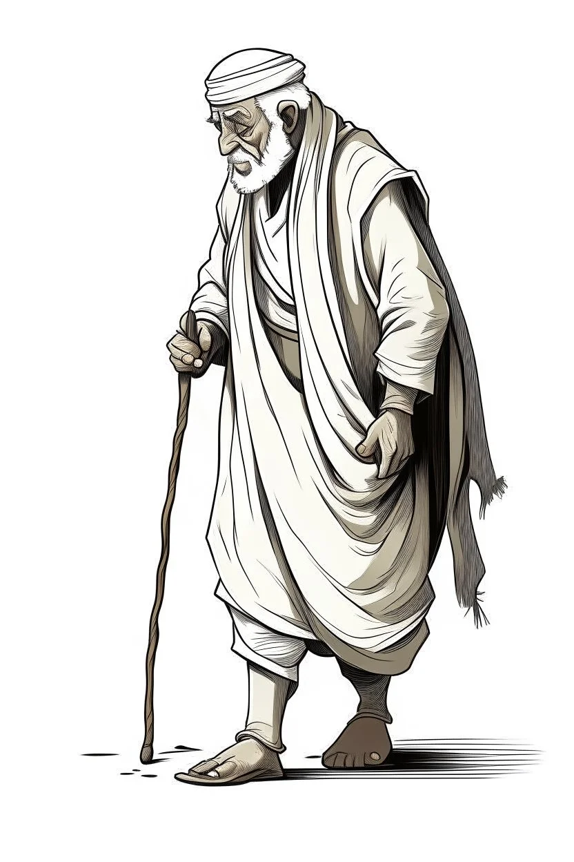 "Draw an old person wearing traditional Arab clothes, hunched back, and walking with a cane."