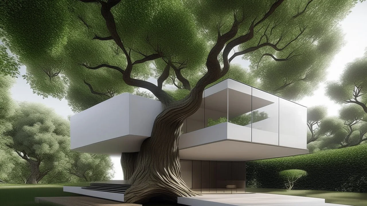 Modern minimalist house built around an ancient tree.