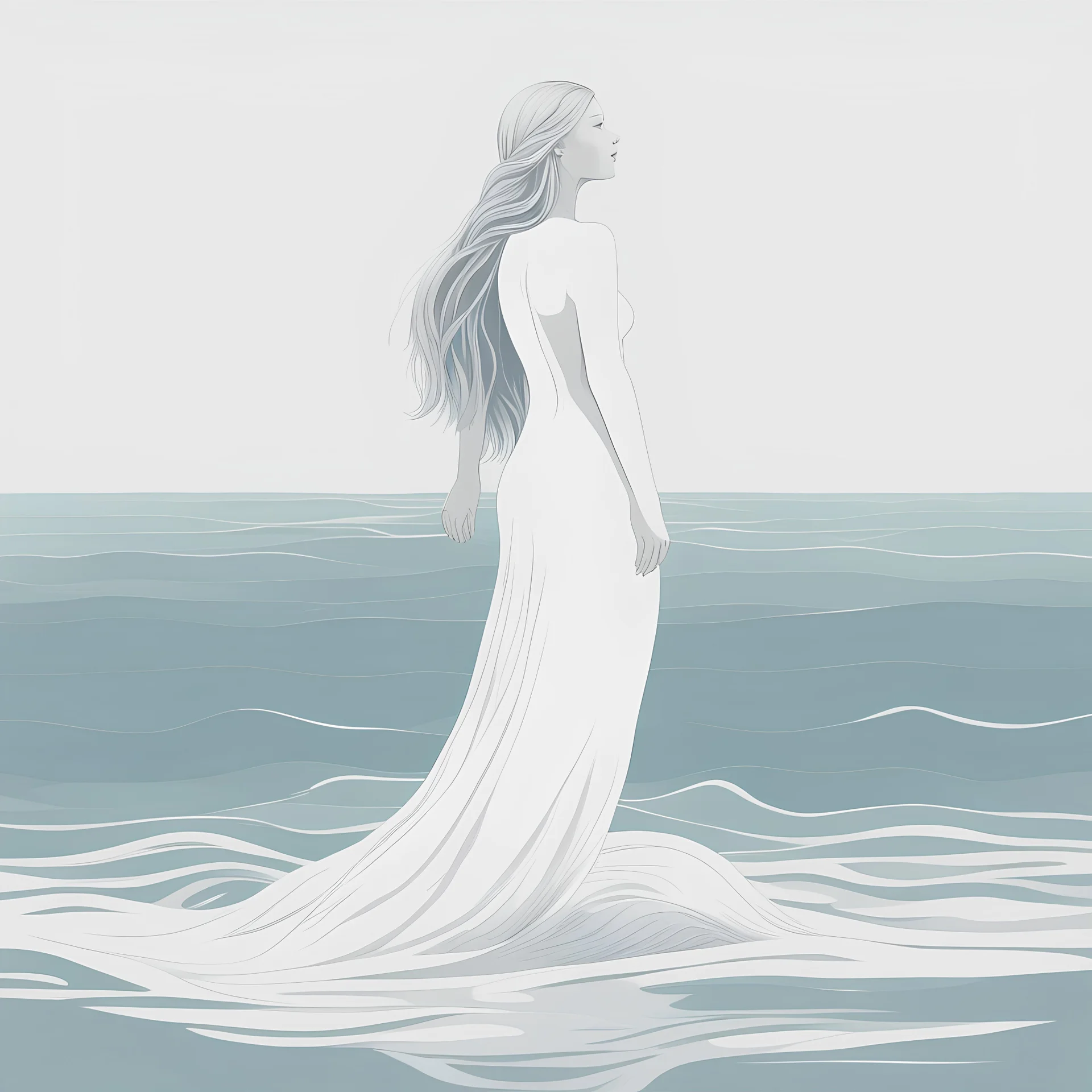 Selkie by the sea pure white, in minimalist art style, background ocean