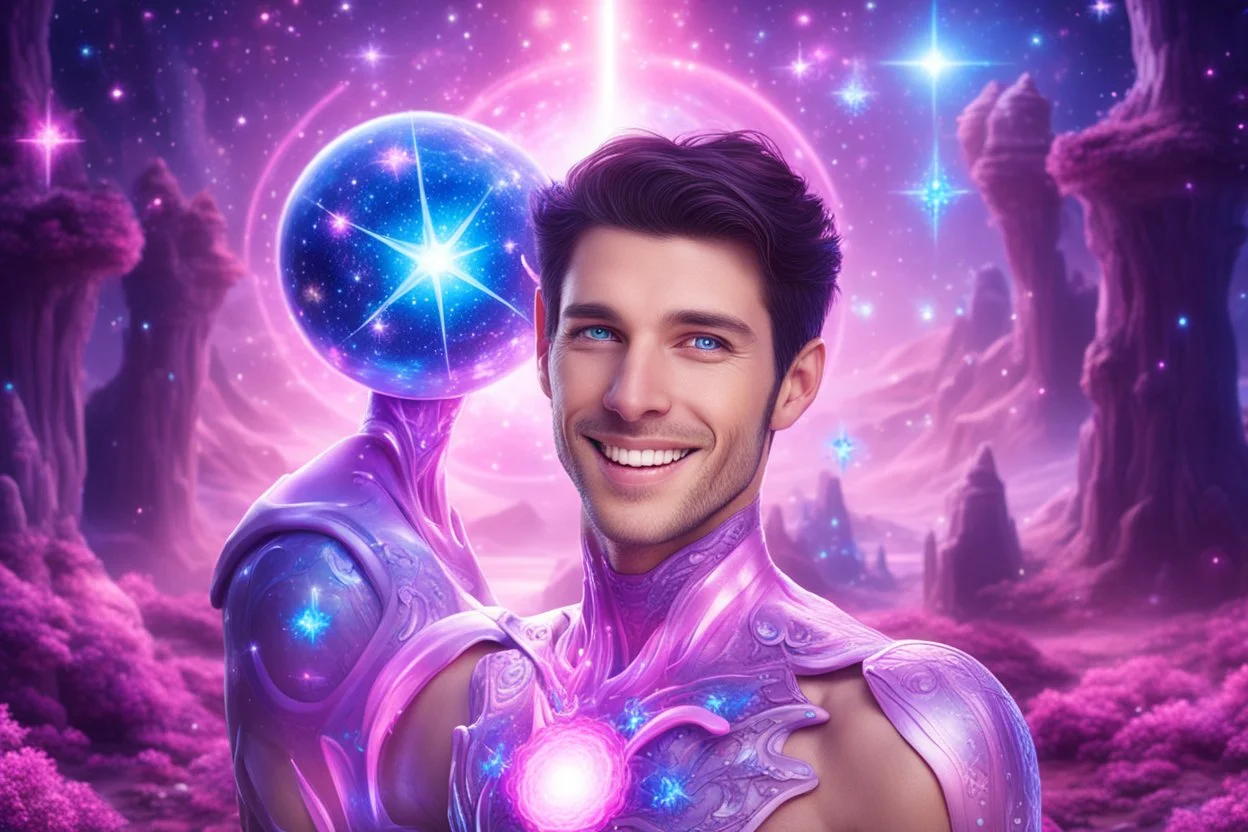 cosmic bionic beautiful men, smiling, with light blue eyes and straight blu dark hair in a magic extraterrestrial landscape with pink fairy forest stars and bright beam