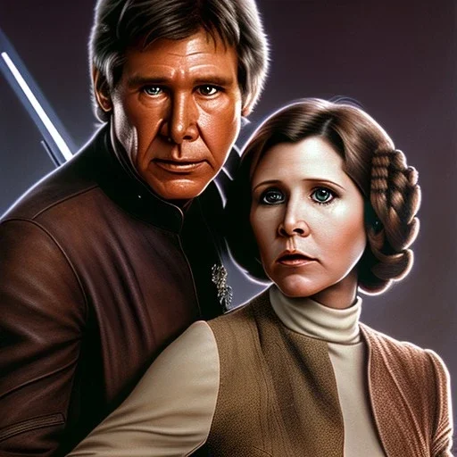 carrie fisher embracing harrison ford, waist up portrait, intricate, oil on canvas, masterpiece, expert, insanely detailed, 4k resolution, cinematic smooth, intricate detail , soft smooth lighting, soft pastel colors,