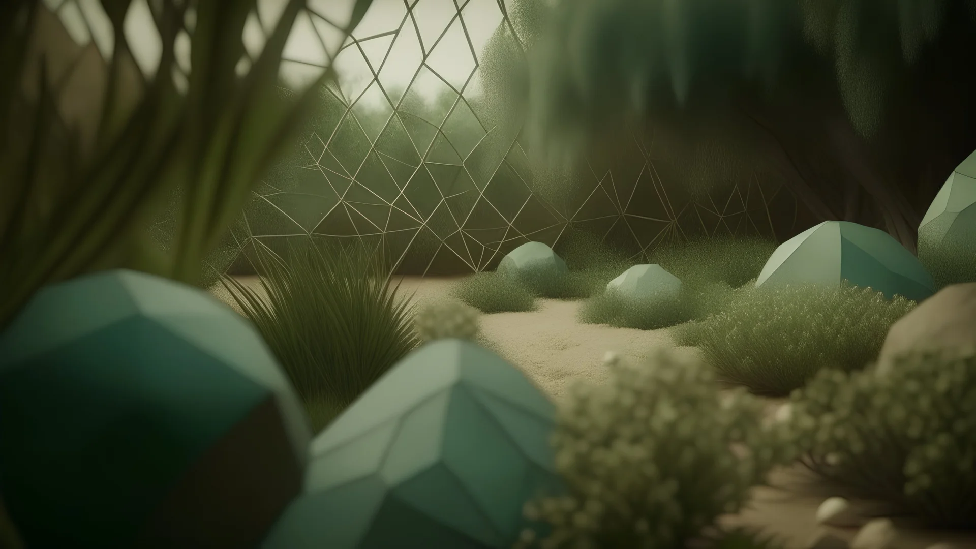 Contemplative, dreamy and realist photo of a garden made by geometric shapes. Shapes grainy and with a little blur. Colors are light blue, light brown and light green.