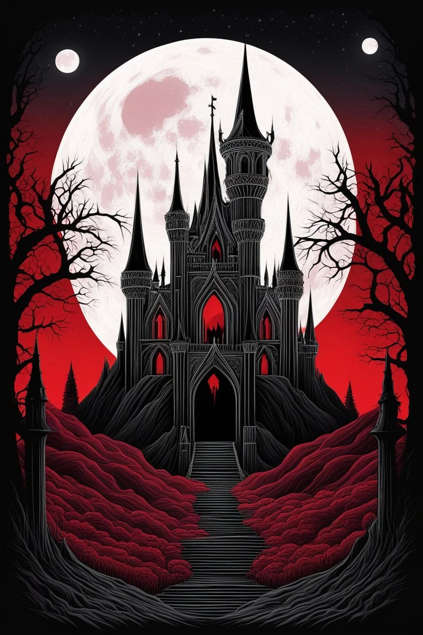 The Midnight Keep, Gothic Castle on the Red Bluffs, a crimson nightfall, stars, Red Full-Moon, red mountains and landscape,, gothic, haunting made with layered paper cut outs vector by hr giger