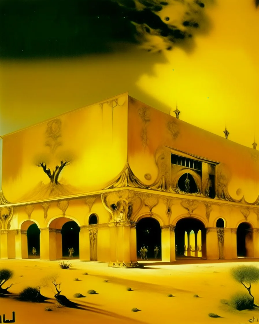 A golden yellow shining casino painted by Salvador Dali