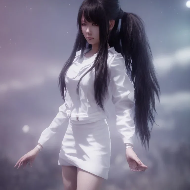 hitomi tanaka, dress white, long black hair, realistic, intriacte detail, sci-fi fantasy style, volumetric lighting, particales,highly detailed,cinamatic, deep colours,8k