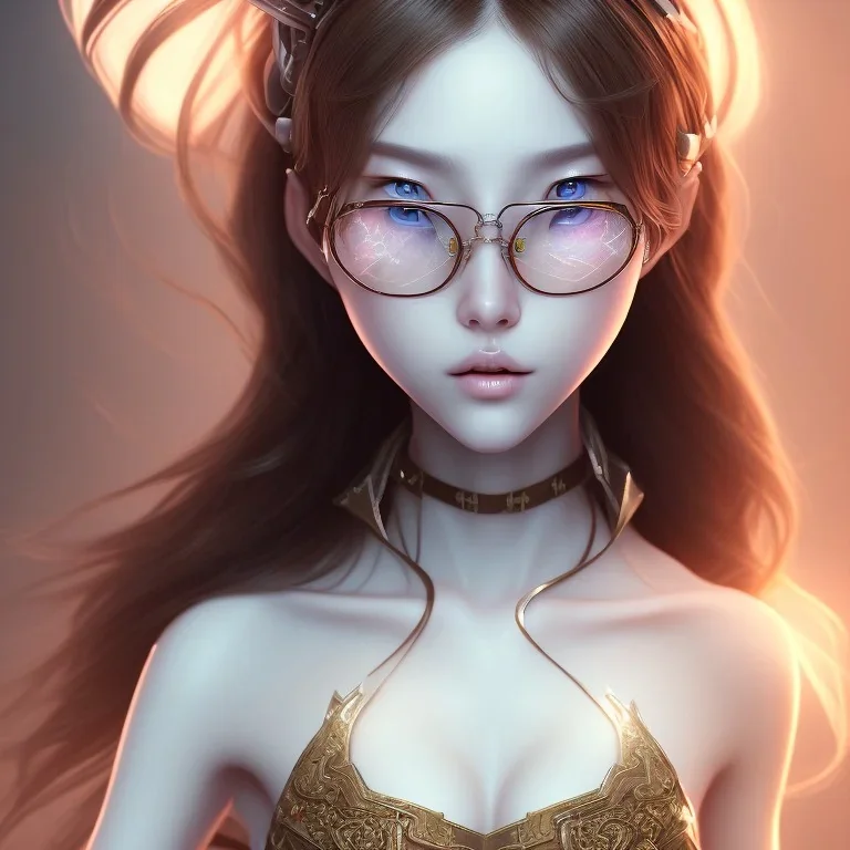 Korean gamer girl , long Brown hair, White headfone, hands on the Chen, round glasses ,elemental face, Unreal Engine 5, highly detailed, highest quality, digital painting, complex 3d render, unreal engine render, insane detail, intricate photograph quality, magnificent, majestic, highly intricate, Realistic photography, grand hall, wicked throne, holding scepter, crown of barbwire, dark color palette, metallic, highly detailed, highest quality, digital painting