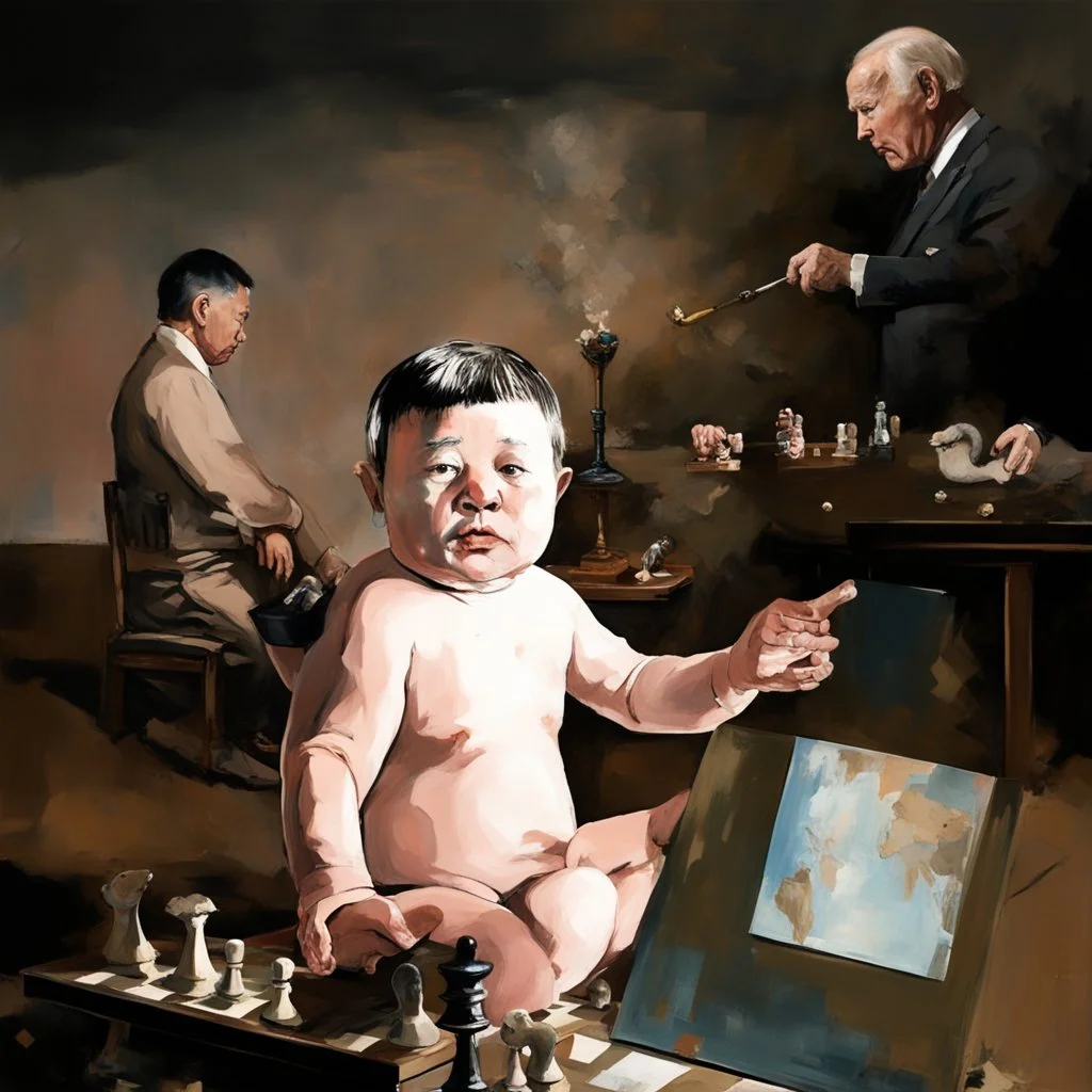 Putin, President Xi Of China And Joe Biden Play Chess With Atomic Bomb Mushroom Cloud,Complex Surgical Instruments Intermixed With A Newborn Boy,Minimalism,Painting By Adrian Ghenie,Rene Magritte,Pablo Picasso,Michelangelo,Salvador Dali,Lucian Freud