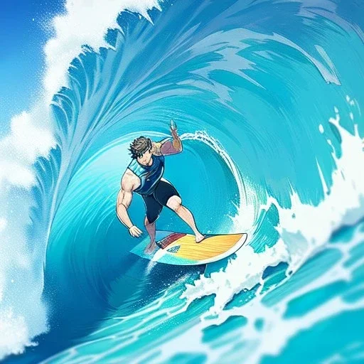 very fit anime surfer boy, surfboard, waves, perfect detail on hands and face