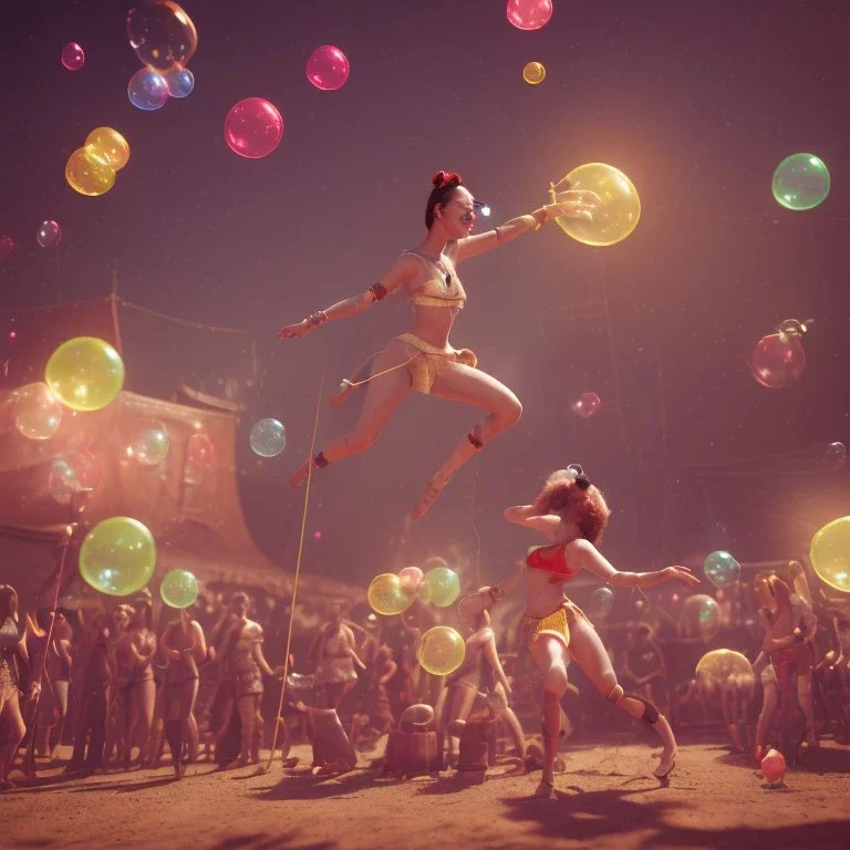 Ultra realistic circus scene. Woodstock style, woman dancing, happy, color bubbles, smooth color, waist up view, Wes Anderson style, a lot of people background, highly detailed, concept art, unreal engine 5, god rays, ray tracing, RTX, lumen lighting, ultra detail, volumetric lighting, 3d, finely drawn, high definition, high resolution.