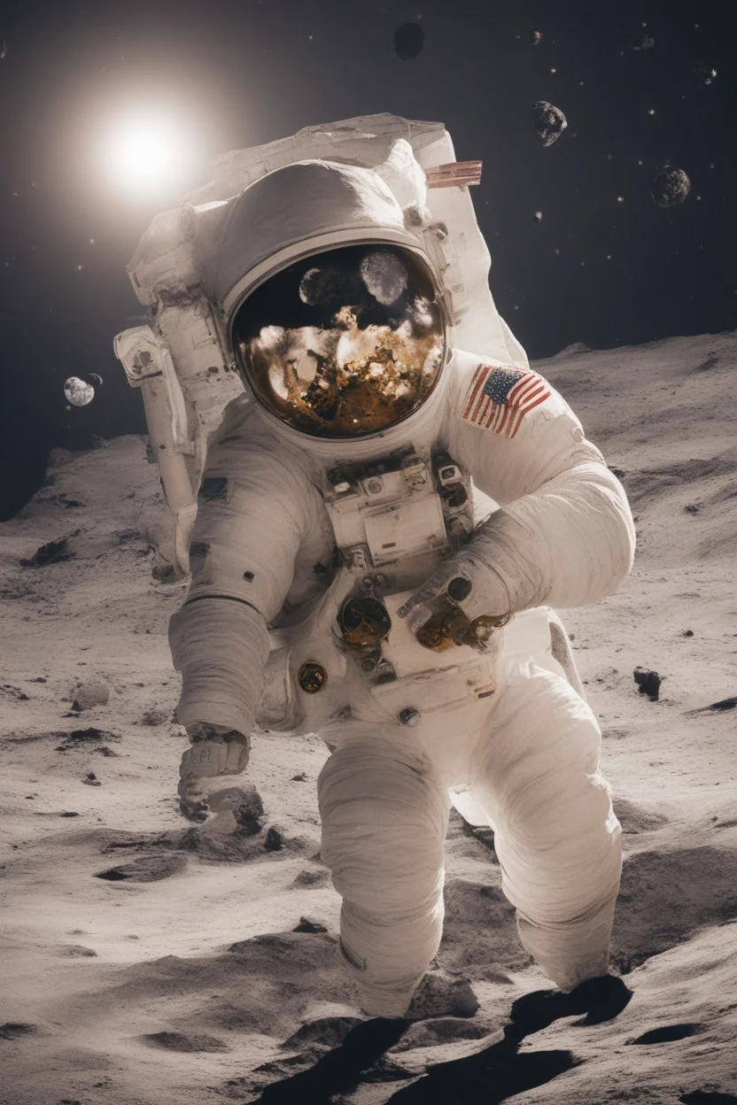 "Generate an awe-inspiring 8K realist image depicting an astronaut triumphantly planting a Bitcoin flag on the lunar surface. The cosmic backdrop should be a chaotic yet mesmerizing scene, replacing traditional stars with various cryptocurrencies. Envision shooting stars as dynamic market movements, while trading charts and pips seamlessly integrate into the background, forming a visually stunning representation of the crypto universe's conquest of the moon."