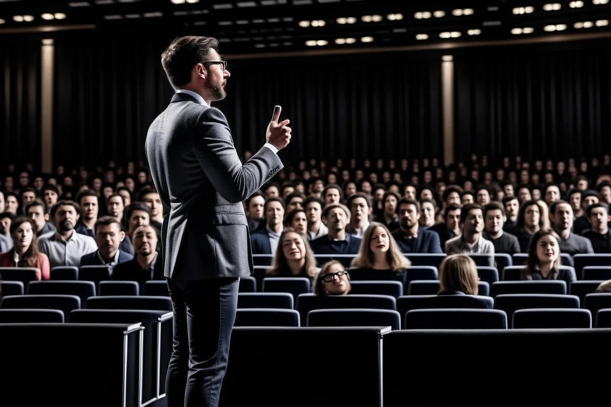 The image shows a confident speaker on stage, addressing a large audience with enthusiasm. The audience seems distracted and interested, and the setting exudes an atmosphere of elegance and impact.