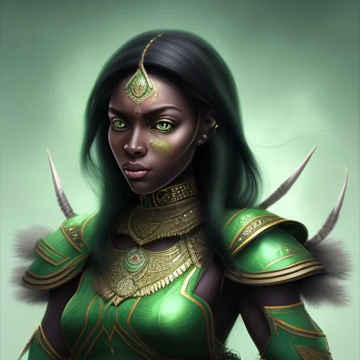 fantasy setting, dark-skinned woman, indian, green and black hair