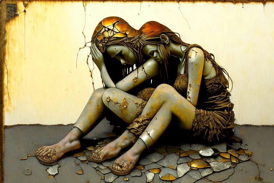 A sad and broken beautiful young woman is sitting on a stone holding a broken metal heart in her hands; perfect anatomically correct hands, perfect anatomically correct feet, mixed media collage, textured, layered, assemblage, inspired by Brian Viveros and Esao Andrews, elements of kintsugi on the edges of the heart with a gold and oxidized copper patina, backdrop of tumbleweeds and cacti interspersed with delicate flowers and subtle bokeh effects, the entire composition exuding an aura of grief