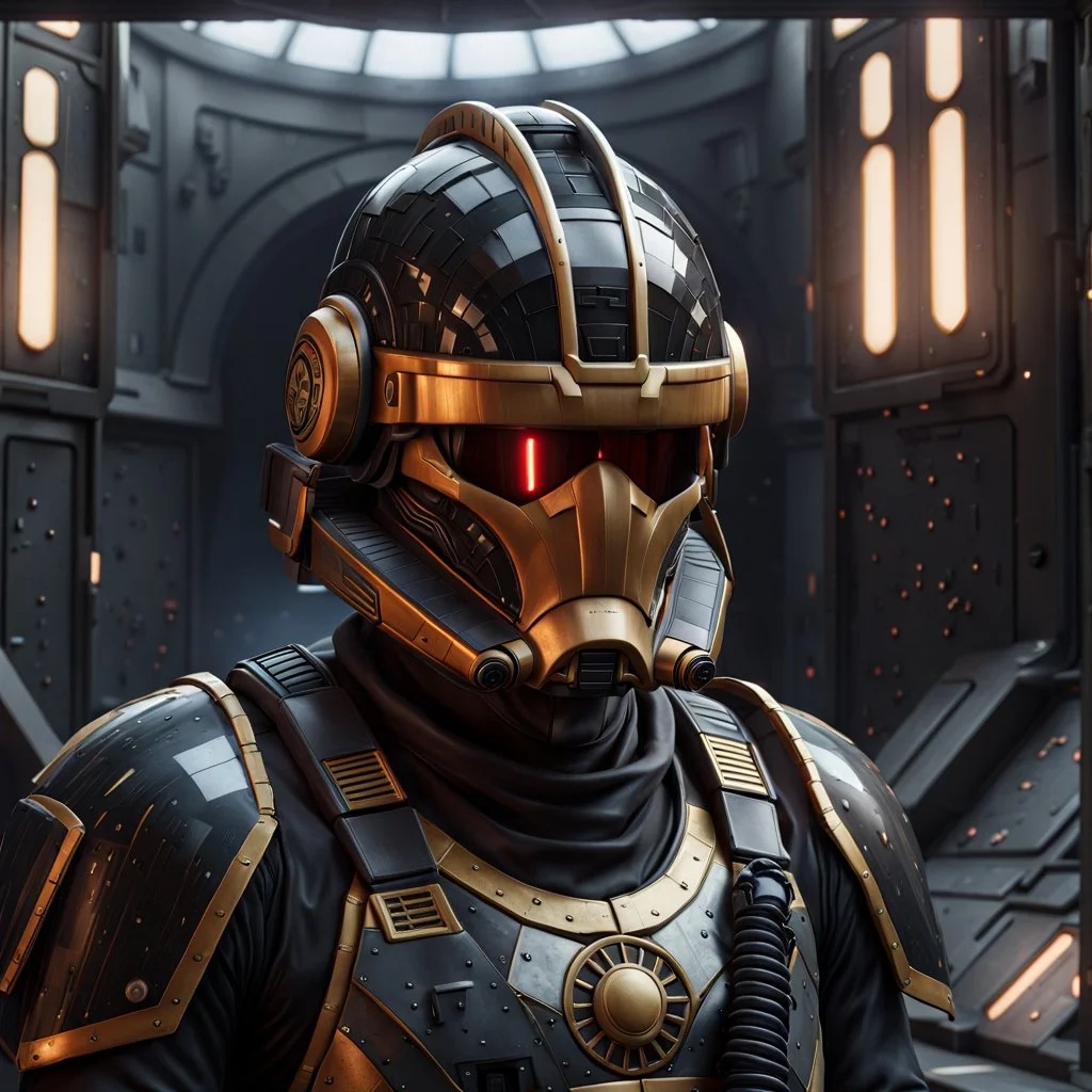 star wars bald male corellian pilot wearing pearlescent black and gunmetal grey First Order special forces heavy assault stealth commando armor and helmet with gold trim inside the jedi temple, hyperdetailed, dynamic lighting, hyperdetailed background, 8k resolution, volumetric lighting, light skin, fully symmetric details