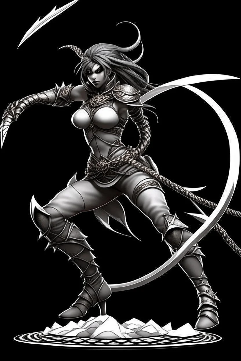 female gray skin Shadar-Kai wielding a Whip a whip made out of black thorns