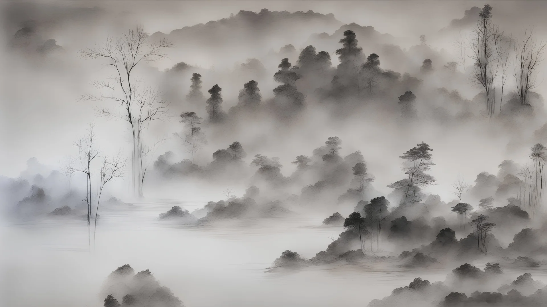 a black and white Chinese ink-painting of a nightly landscape in thick fog with pine trees in the background