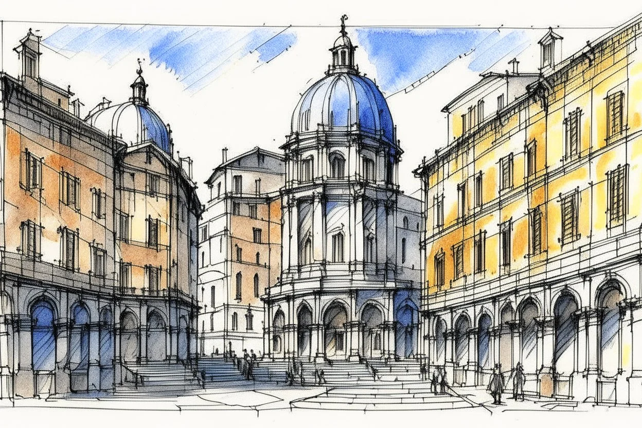 deseneaza cu penita si tus colorat cu acuarela , un sketch in stil minimal art , hasurat cu linii scurte de hasuri oblice scurte , cu mare acuratete si contrast , stil gravura pe metal reprezentand schite urbane roma antica , in stilul miniaturilor persane