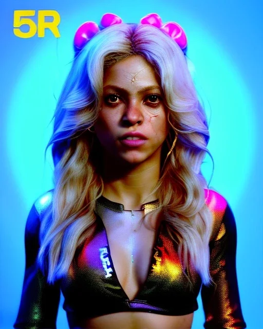 portrait, Shakira, blonde artist, angry, Realistic image, MMA robe, hoodie, mma gloves, loose long hair, eyes, makeup, gold line make up, moisture, sweat, fog, goddess, Neon colors, leds. Black background, photo studio, concept art, smooth, unreal engine 5, god lights, ray tracing, RTX, lumen lighting, ultra detail, volumetric lighting, 3d, finely drawn, high definition, 4k.