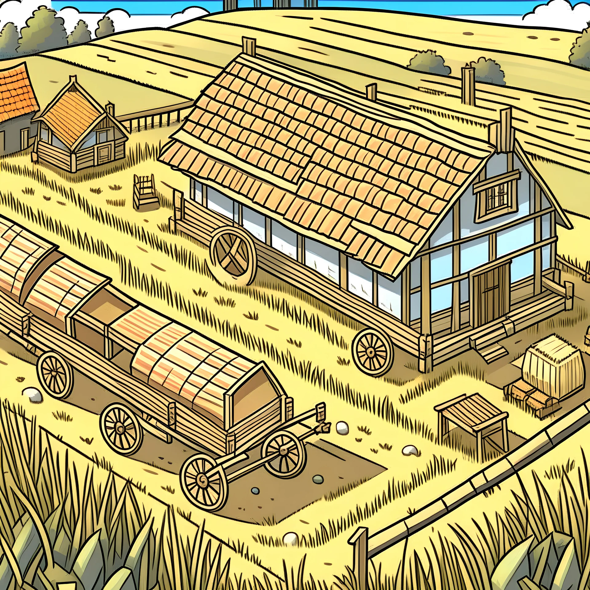A picture of an medieval wheed field farm for a card game