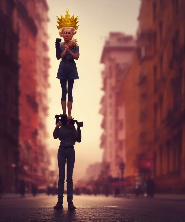 Statue of Queen of photography. Cute blonde woman. Photographer in golden crown. Standing on the street. Big camera in her hand. hyperdetailed, photorealistic, trending on artstation, greg rutkowski, beksinski, kodachrome, lomography, golden hour