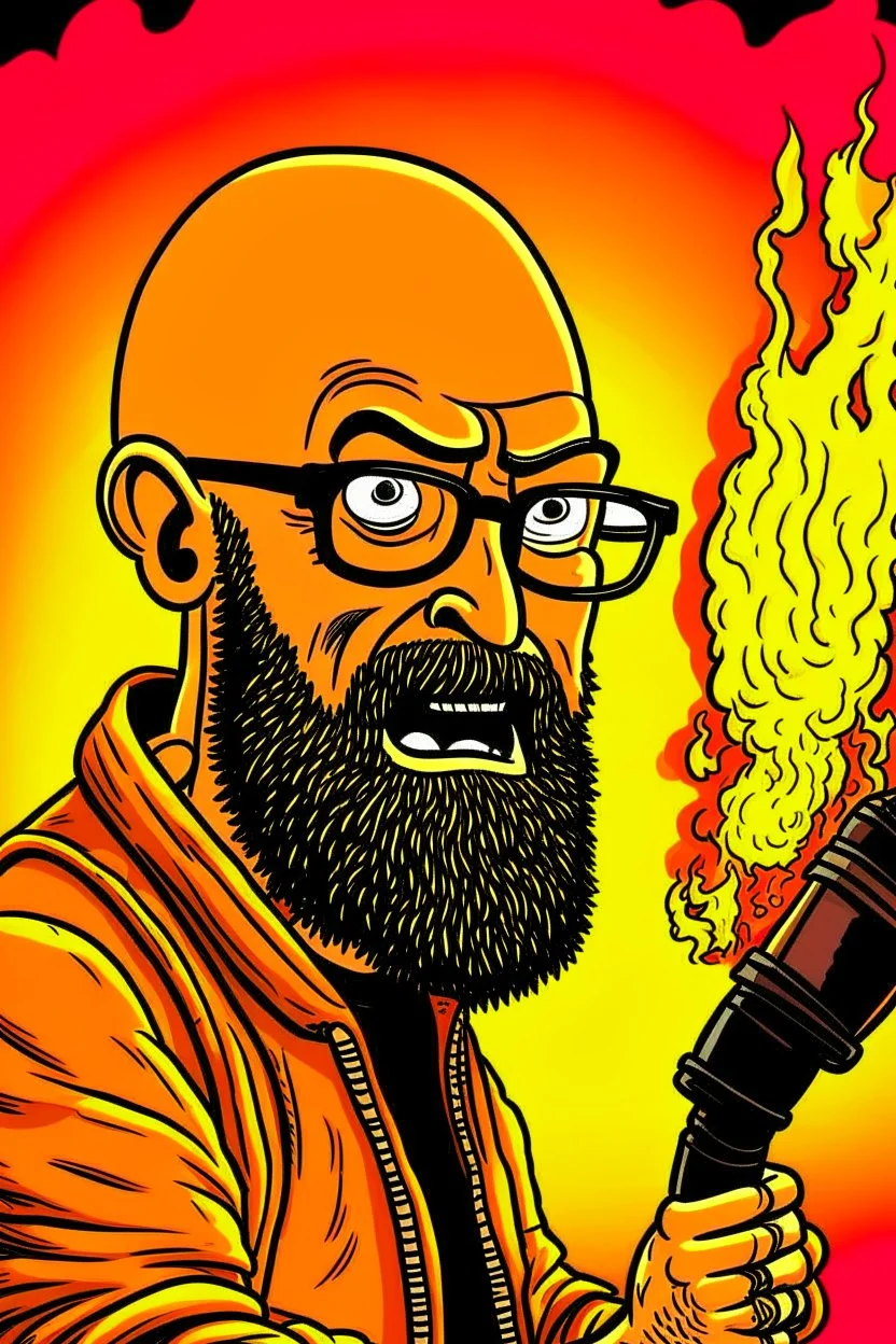 Firestarter animateur radio hardrock with a microphone. He has no hair. He has a beard. Je has glasses. He's about 50 years. Seems angry. Flames all around