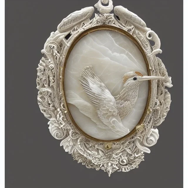 ivory brooch of a kingfisher, opalescent marble carving, decorative design, classical ornament, highly ornate, highly intricate, highly detailed etching, marble carving, warm lighting, linen backdrop