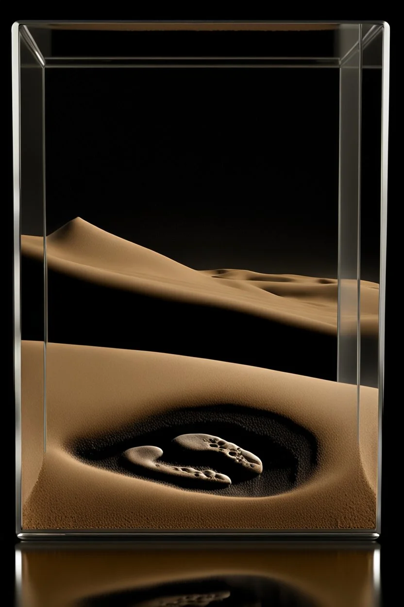 an alien's close up footprint lodged within sand in a neat, square display glass box, filled half way with sand, "Alien" engraved on small metal piece outside of the box, realistic and highly detailed, 8k