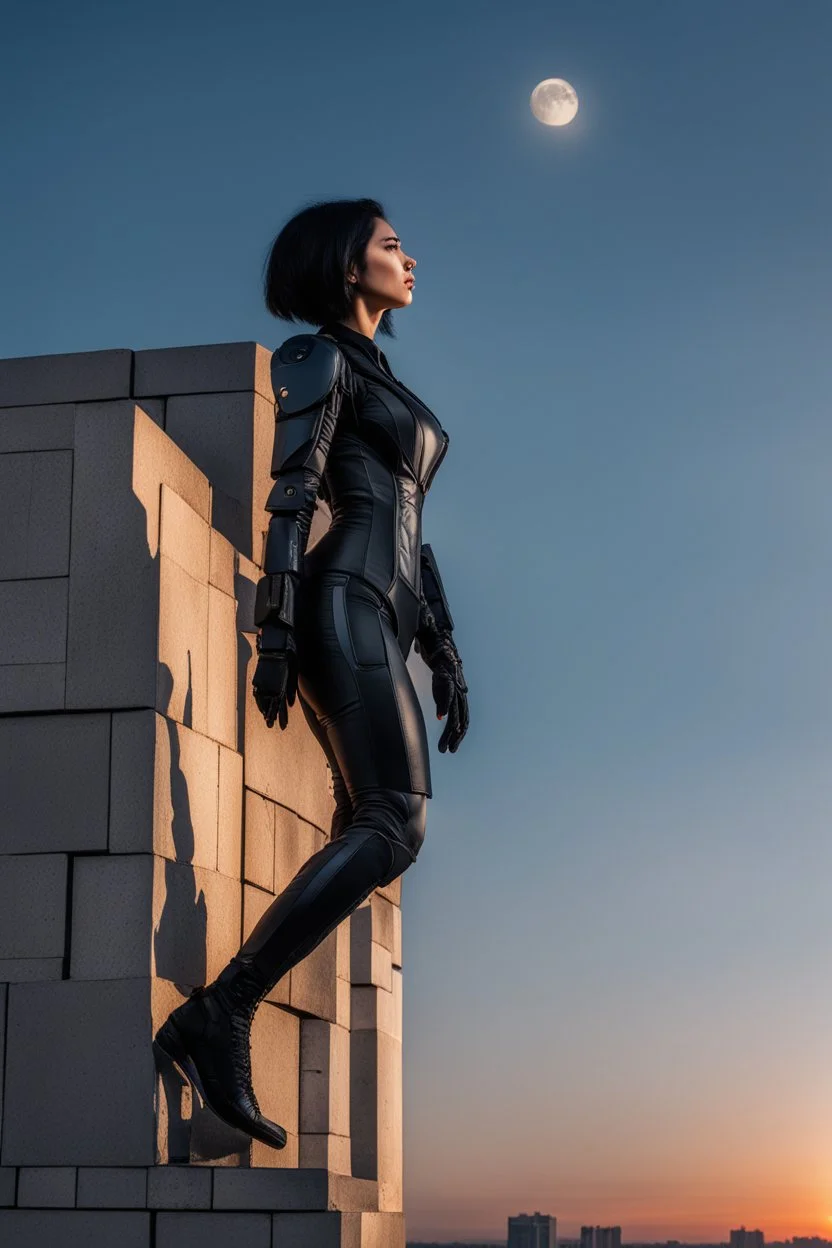 Photo Of A slim Woman With Black Hair, Wearing an android-looking suit, standing sideways On a ledge of a building, with a waning moon Behind Her Head, sunset with small clouds