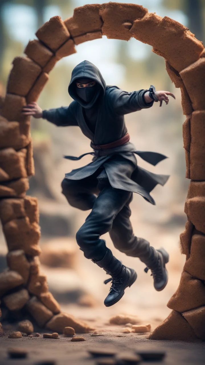 portrait of wilderness ninja stepping through portal wearing clawed shoes, we can only see part of him on this side of the portal, he is throwing ninja stars that looks like cookies, bokeh like f/0.8, tilt-shift lens 8k, high detail, smooth render, down-light, unreal engine, prize winning