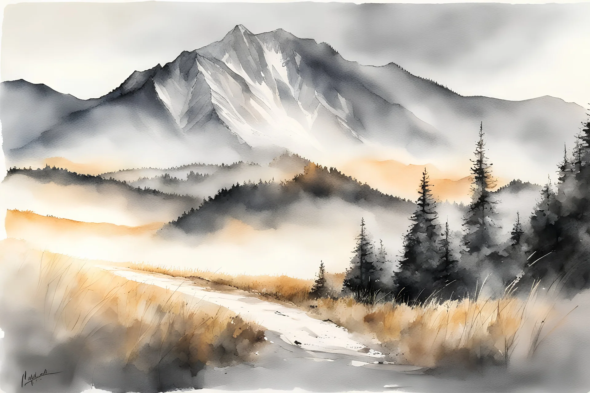 watercolor painting by Velky Rozsutec mountain, Mala Fatra, Slovakia, black and white, by Michał Jasiewicz, Valentina Verlato,Blanca Álvarez. Truly Masterpiece Of Art, Golden Hour, Masterpiece, Alluring Expression, Intricate Artwork