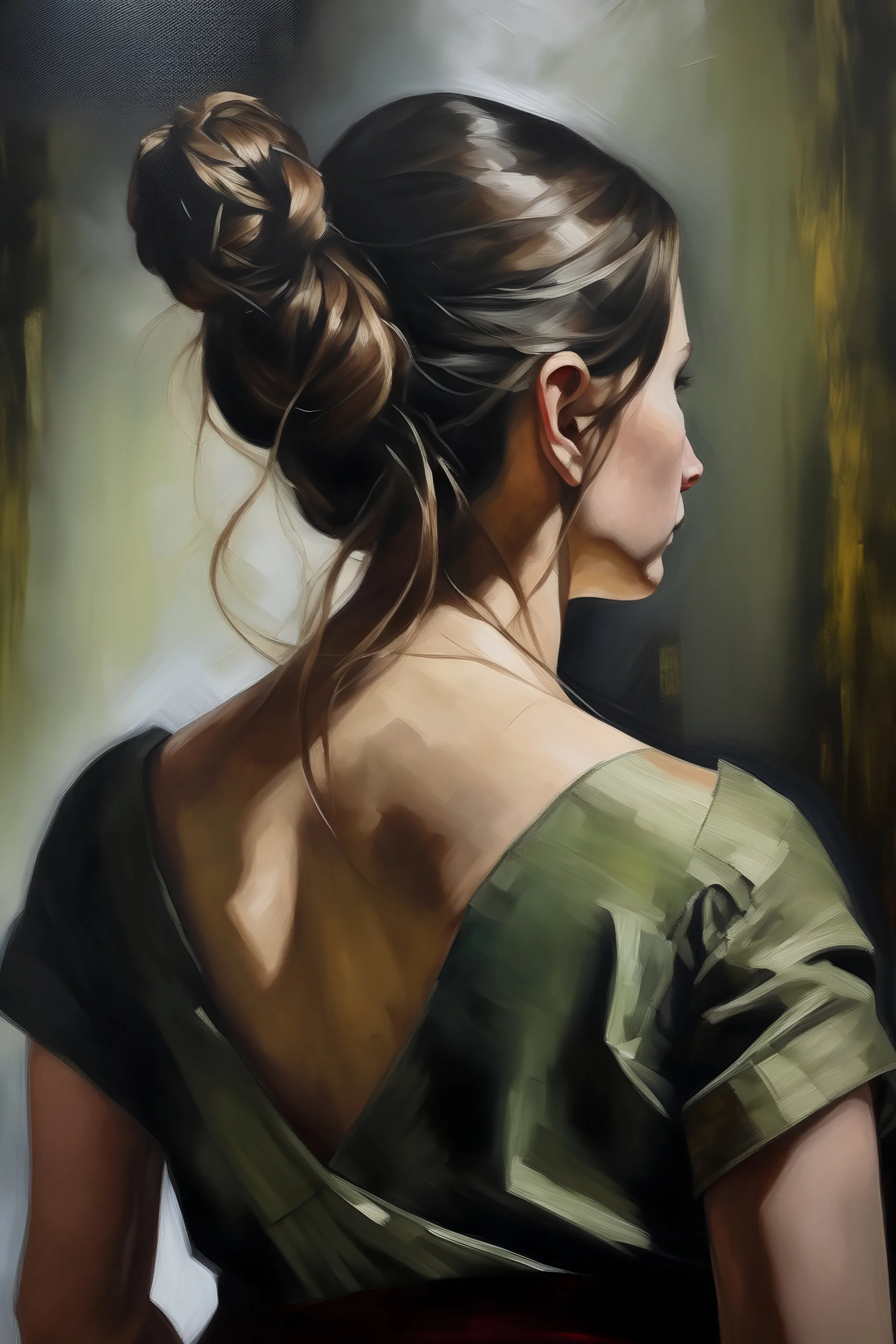oil painting of a beautiful womans back. Her head turned to the right