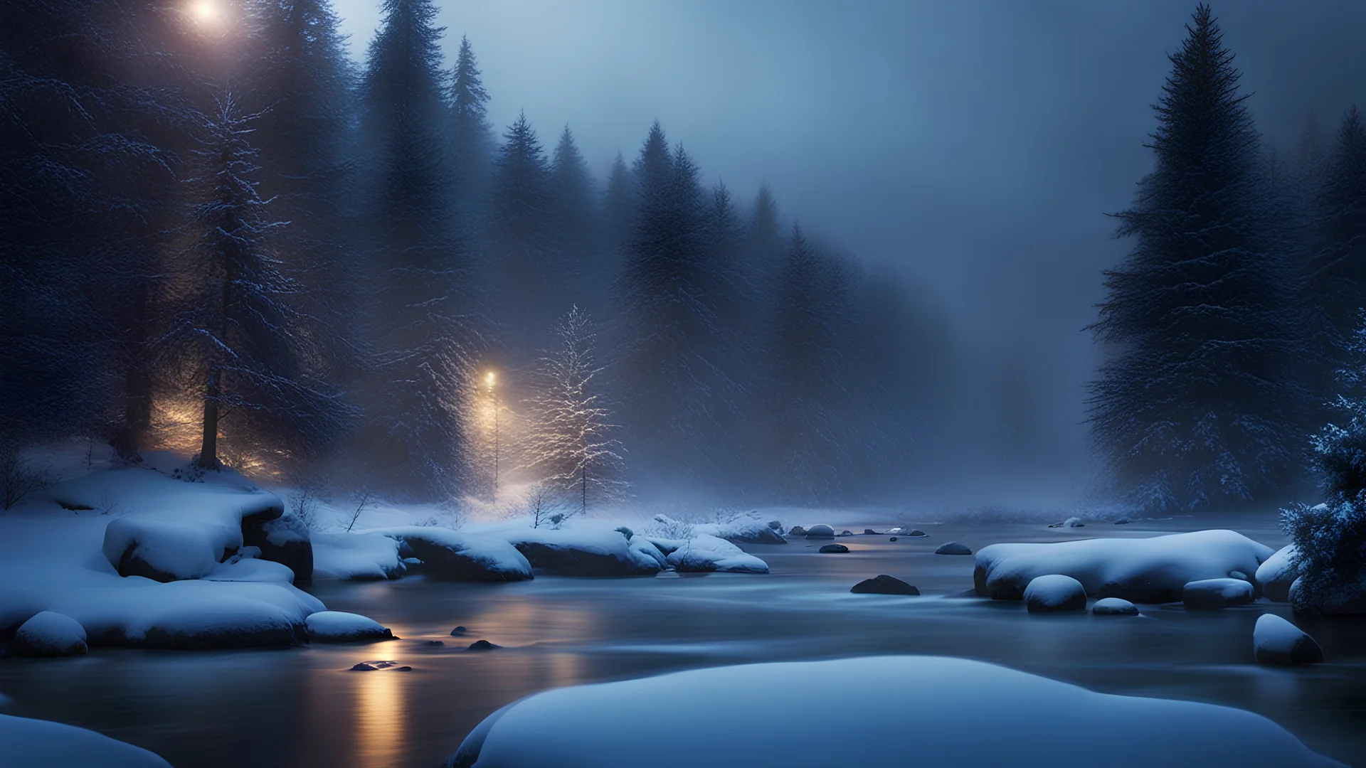 fir forrest scenery, heavy mist,,creek,forest,christmas ,tree,fireflies,night,snow,fir tree,high-quality photograph,photorealistic, shot on Hasselblad h6d-400c, zeiss prime lens, bokeh like f/0.8, tilt-shift lens 8k, high detail, smooth render, unreal engine 5, cinema 4d, HDR, dust effect, vivid colors,night