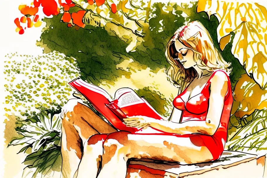 woman in red swimsuit reading a book in a beautiful garden in sunshine style Vittorio Giardino, stylized pen drawing and watercolor